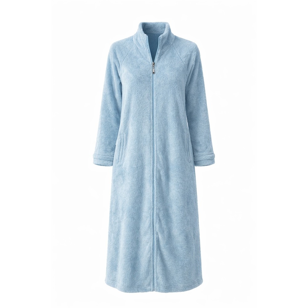 Light Blue Plush Fleece Full Zip Robe Long Sleeve Mock Neck Housecoat Loungewear